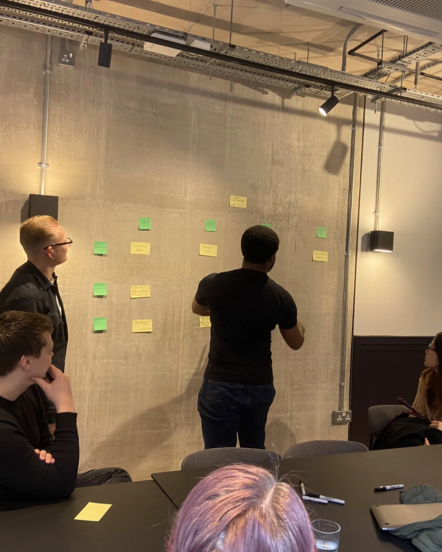 A colleague arranging sticky notes on a wall while others watch during a team session