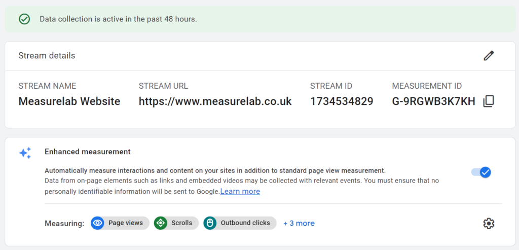 GA4 web data stream settings screen showing Enhanced Measurements events