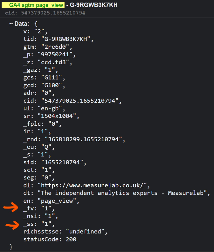 GA4 page view browser console request with _fv and _ss set to 1