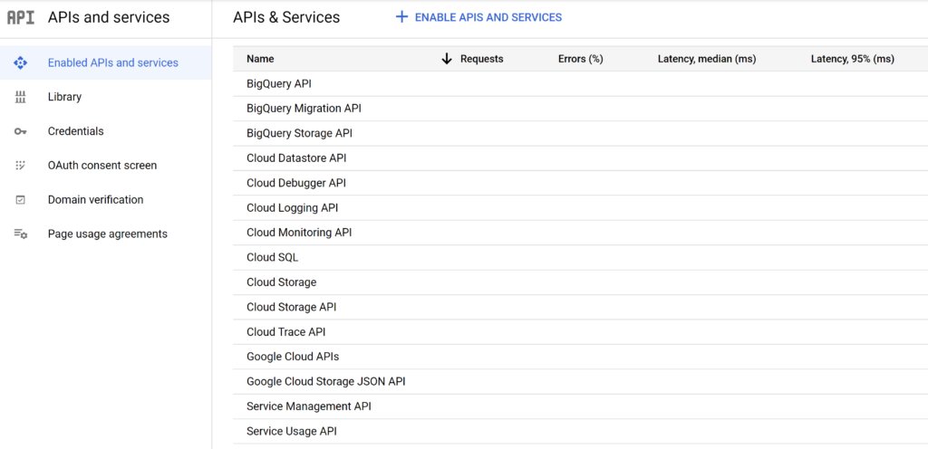 GCP APIs and services screen