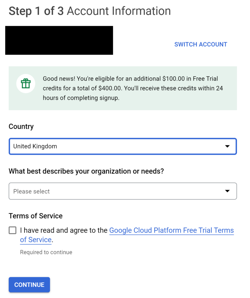 GCP account setup - account information