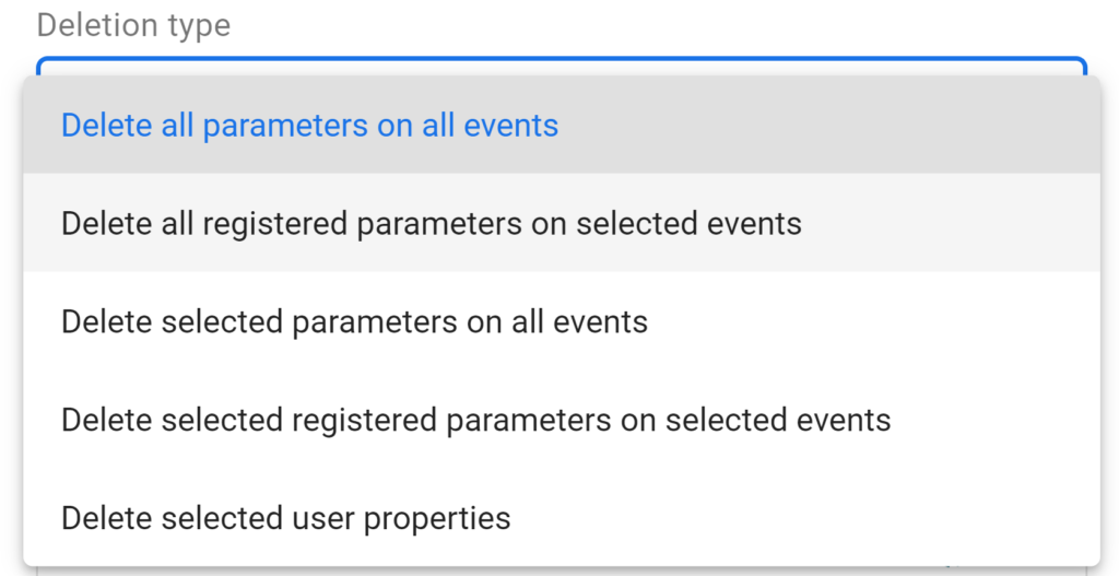 GA4 data deletion request types