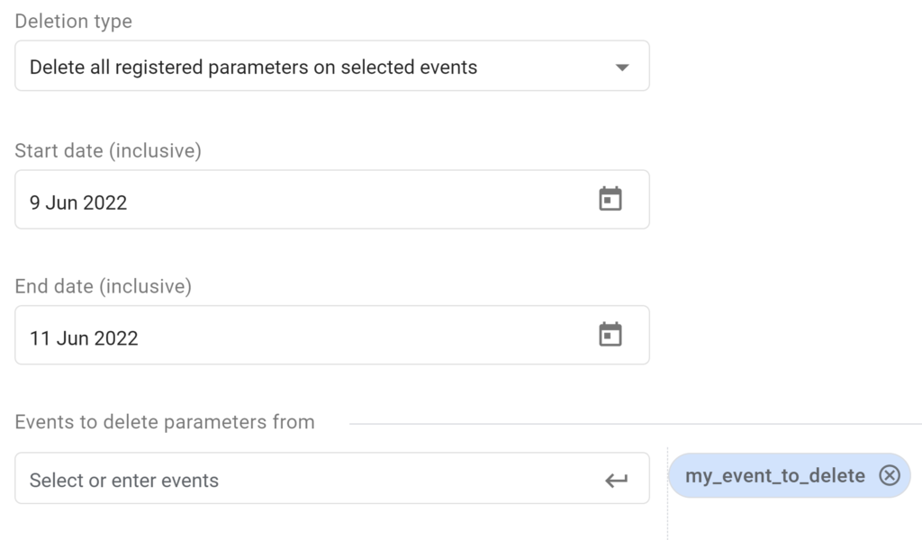GA4 data deletion request all parameters on selected events screen