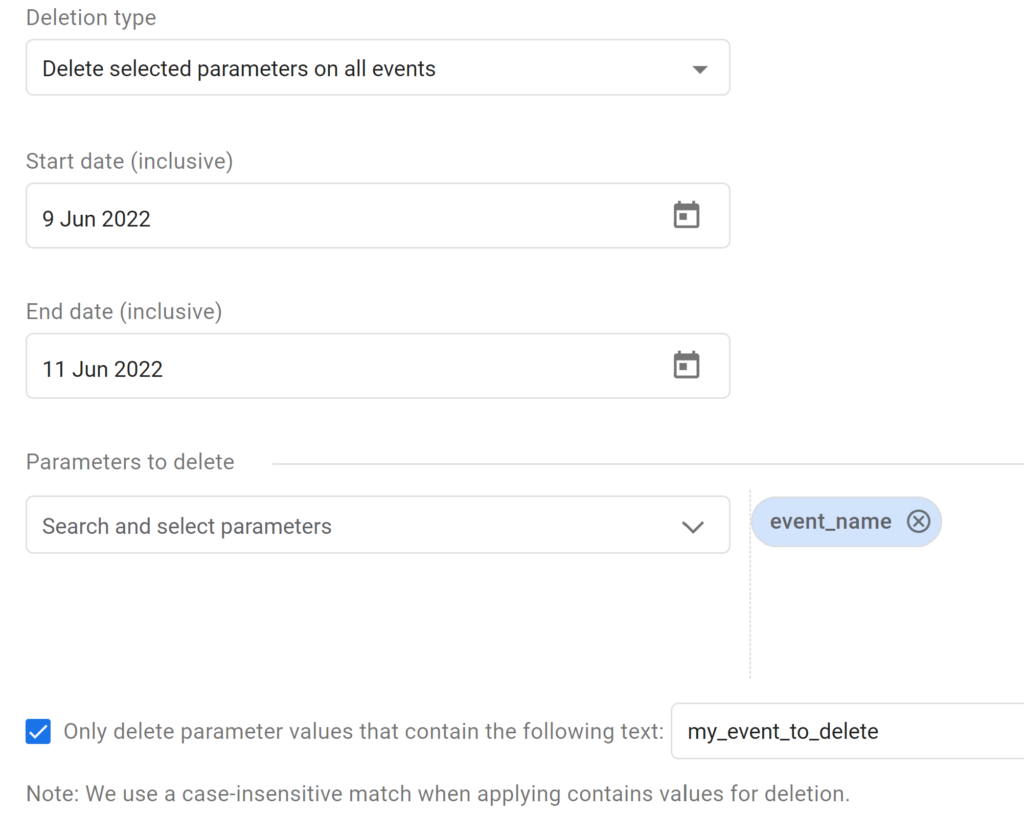 GA4 data deletion request selected parameters on all events screen