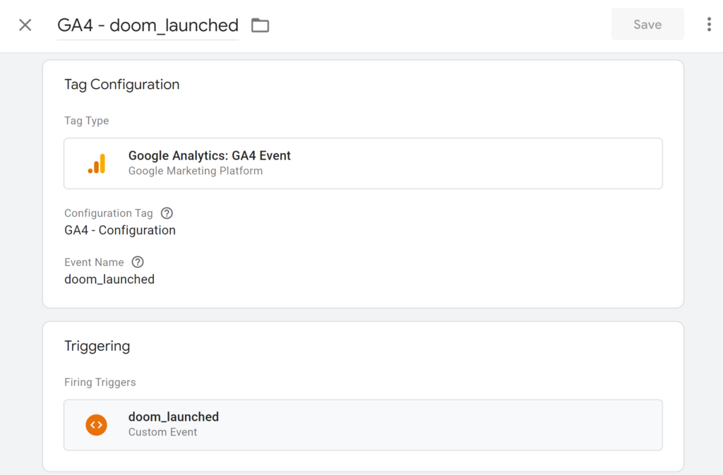 GTM GA4 event tag using the doom dataLayer event trigger