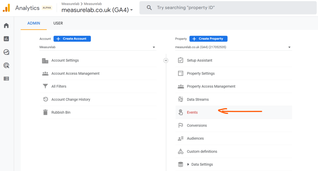 The Google Analytics (GA4) admin menu highlighting the Events item under the property column.