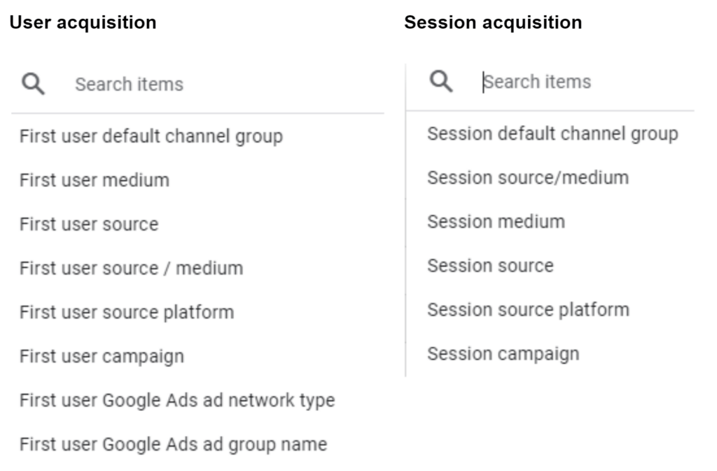 The GA4 acquisition dimensions for all of the 'Session' and 'First user' prefexes