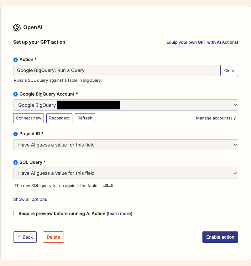 Configuration panel for setting up a GPT action to run a SQL query in Google BigQuery with fields for account and project ID.