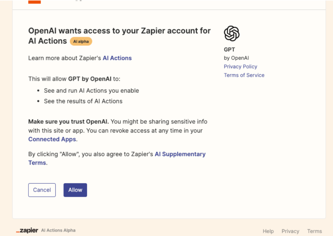 Image of Zapier AI automation approval screen for connection with OpenAI