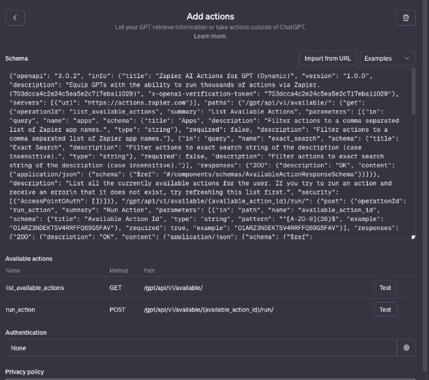 Screenshot of an API schema for Zapier AI Actions for GPT with fields for API version, title, and descriptions of available actions.