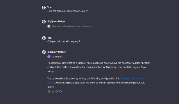 
A chat where a user requests SQL query help and BigQuery Helper prompts to configure a Zapier AI Action.