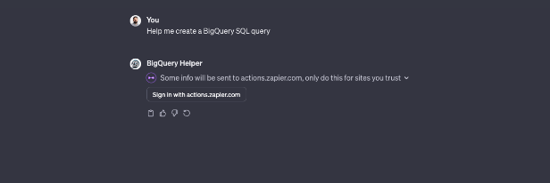 Chat interface showing a user asking for help to create a BigQuery SQL query and a tool offering a sign-in link for actions.zapier.com.