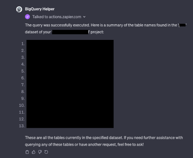 A chat bot provides a summary of table names from a BigQuery dataset execution, offering further assistance.