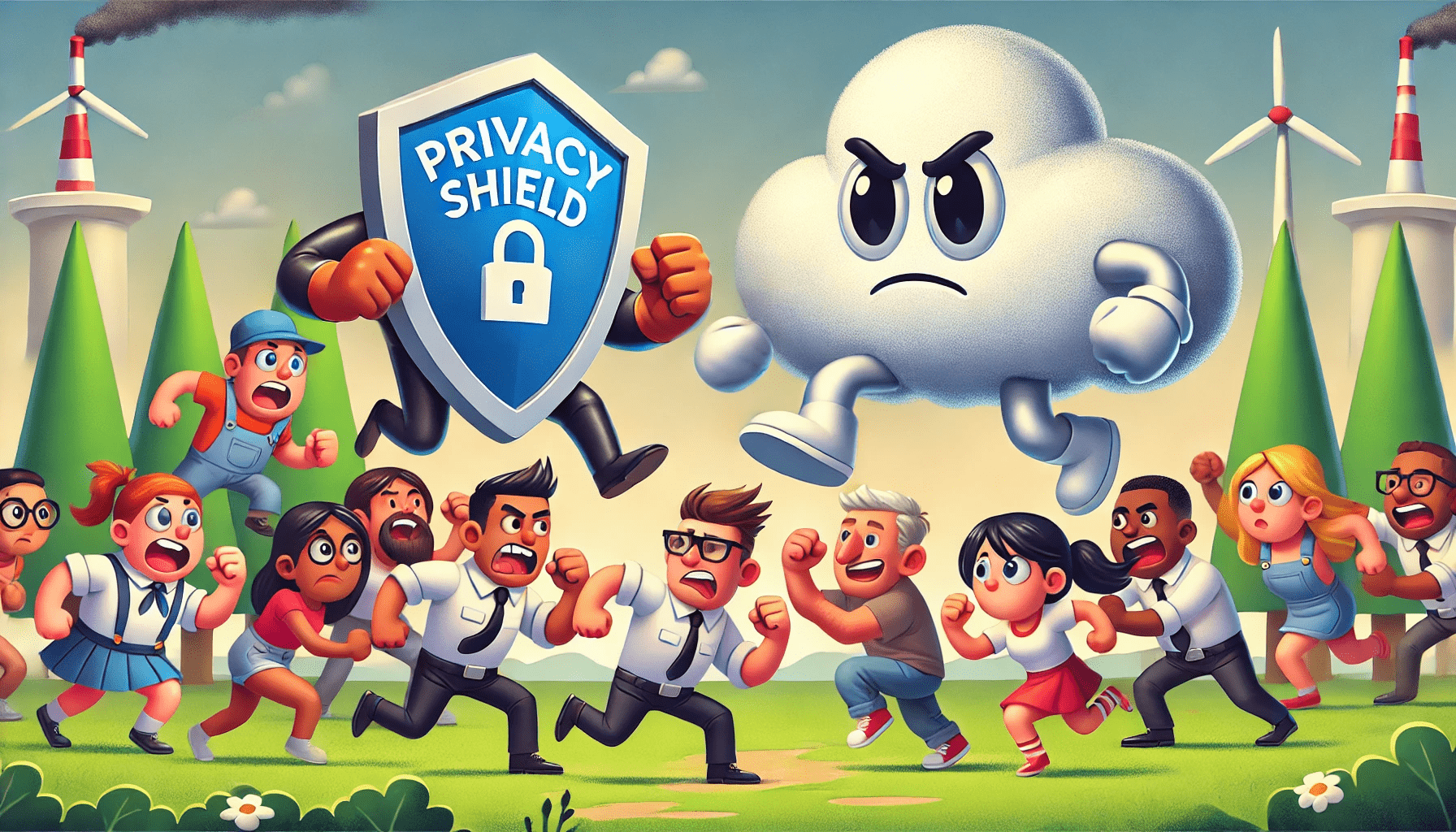 An AI-generated (ChatGPT and DALL·E) image of a cloud and privacy shield fighting a marketing team as a cartoon.