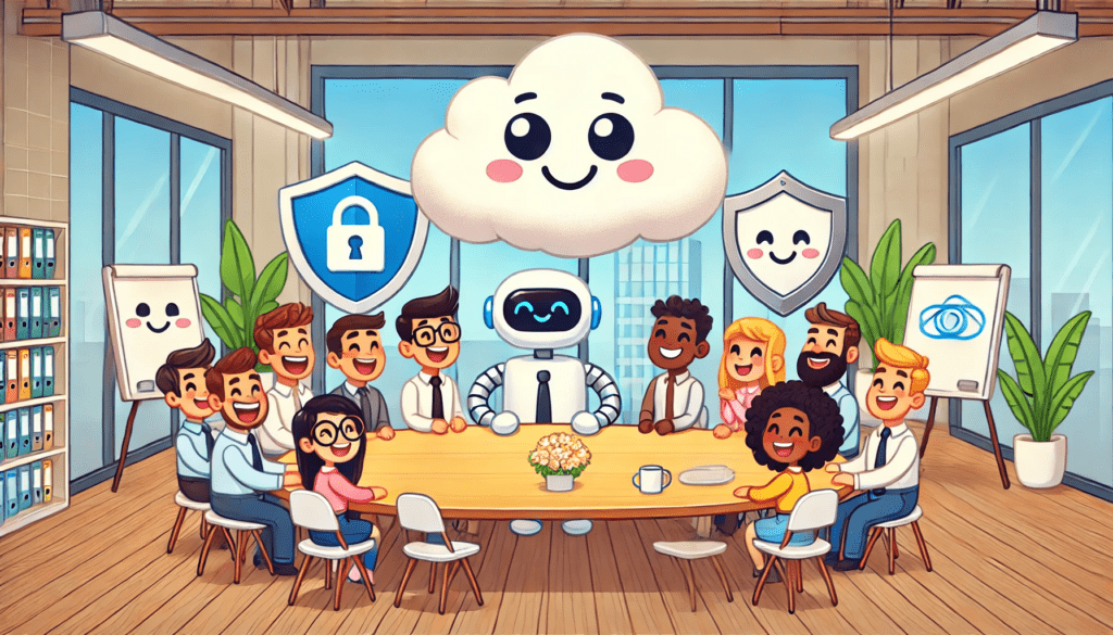 An AI-generated (ChatGPT and DALL·E) image of a cloud, privacy shield and AI robot sitting amoungst a marketing team all happy as a cartoon.