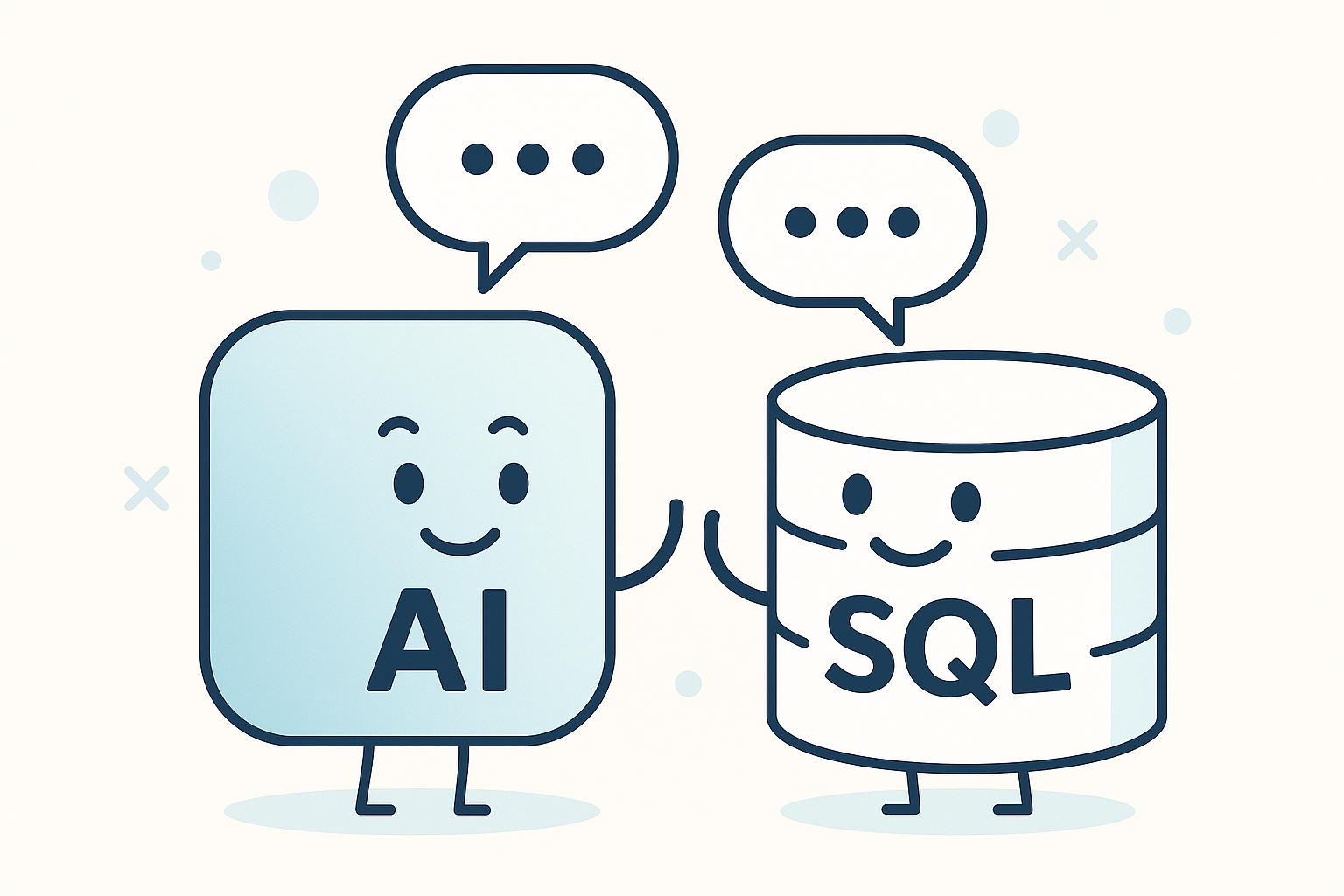 Cartoon of AI and SQL as friendly characters chatting with speech bubbles.
